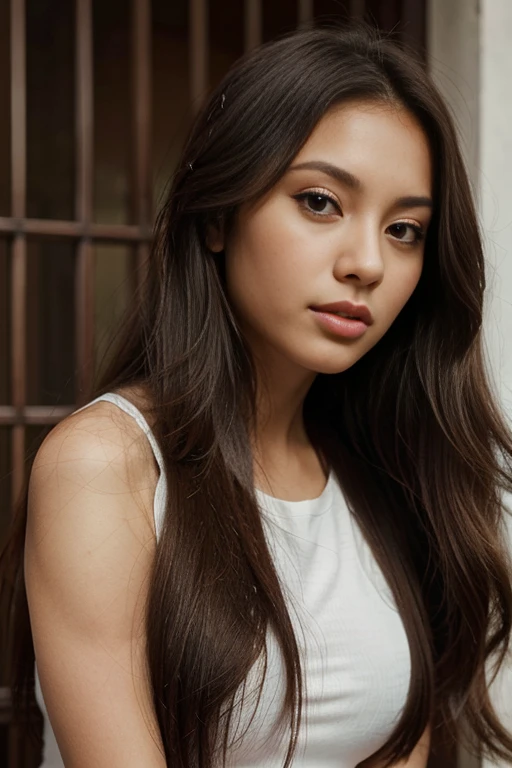 there is a woman with long hair posing for a photo, Violeta Myers, cindy avelino, mulher com longos cabelos pretos, Alanis Guillen, lindo rosto latina, profile picture with headshot, lorena avarez, jovem com longos cabelos escuros, basia tran, ayahausca, Retrato de Sophie Mudd, usando uma gargantilha nativa americana