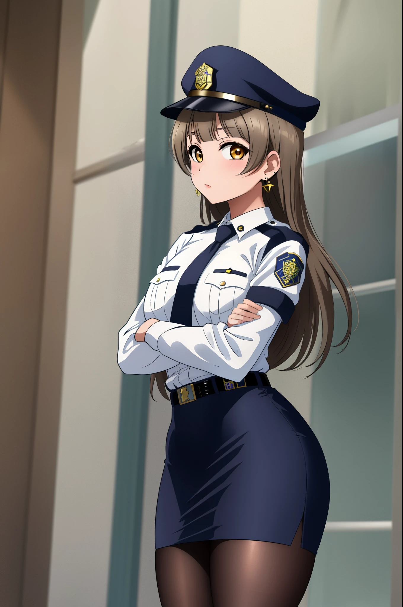 Masterpiece, best quality, slightly from side, looking at viewer ,(detailed face), minami kotori, curvy body ,white shirt,half sleeves,earrings, pencil skirt, necktie , standing, crossed arms,police cap,in police station, cowboy shot, thighs, wide hips , solo ,belt, pantyhose , skin tight