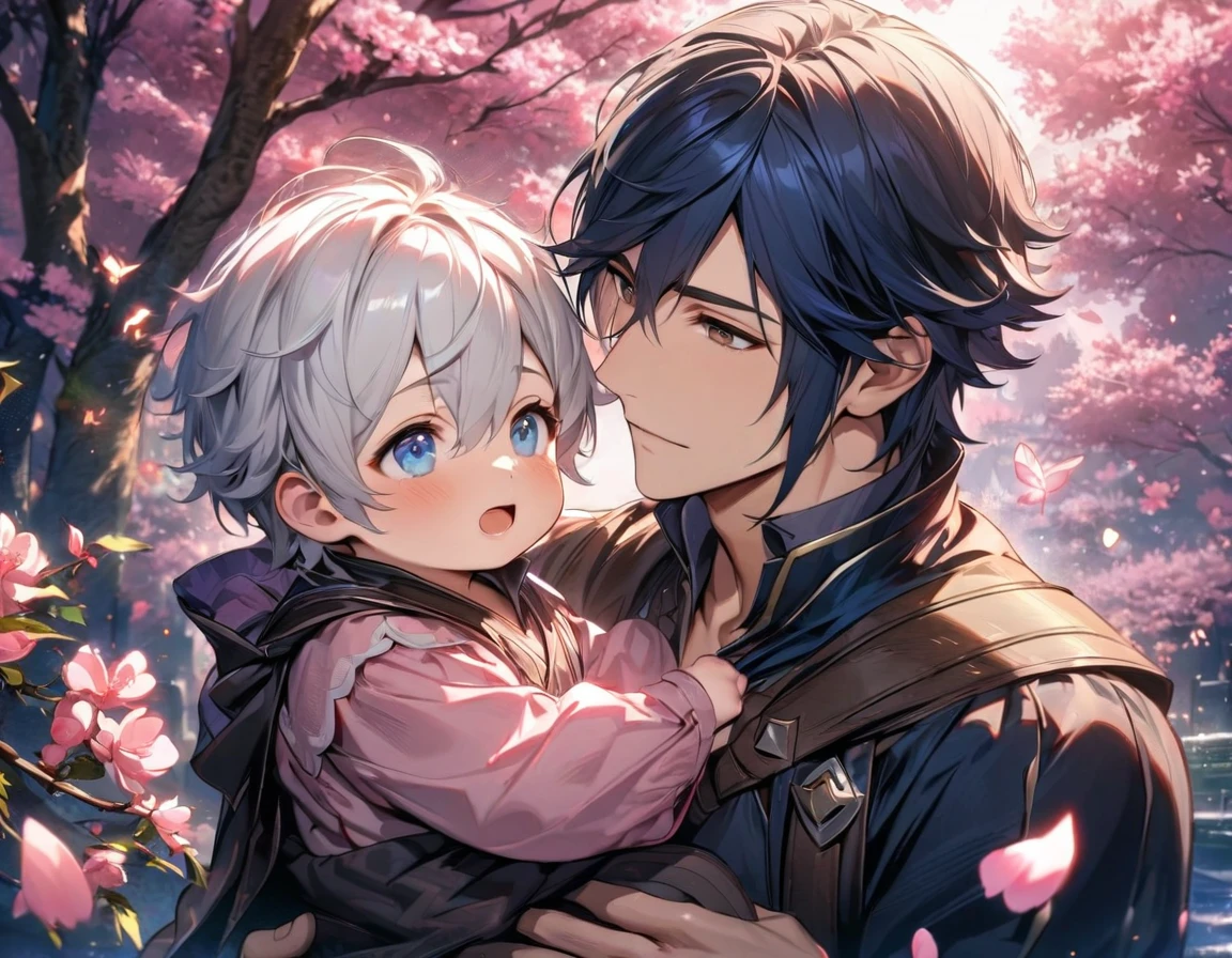 absurdres, highres, ultra detailed, HDR, master piece, best quality, Robin, white hair, hair between the eyes, expressive brown eyes, Fire Emblem Awakening, Chrom, dark blue hair, expressive blue eyes, 2men together, gay couple, holding a baby, handsome, blossoms, trees, pink petals, pink butterflies