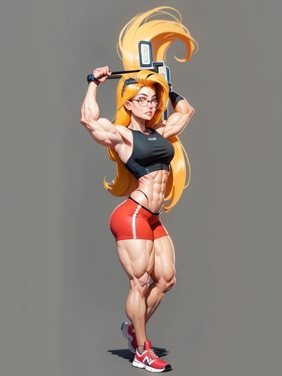 ((digital drawing)),((4k)),((JIM EIDOMODE)), cartoon woman with glasses and red shorts posing for a photo, Fit girl, in cartoon style, fit woman, cartoon art style cartoon, muscular girl, becomes a curvy physique, posing and flexing, Cartoon style illustration, strong body, body is strong and upright, cel shaded!!!, strong pose, cartoon digital art, strong woman , suitable photo, cartoon style