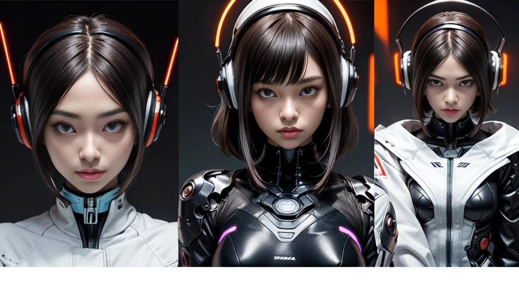 ((highest quality)), ((masterpiece)), ((Realistic)),((Cinema lighting)),angle from the front,((looking at viewer)),High Contrast, 19 year old Japanese female model,((Beautiful female android)), Medium Hair,Headphones,(Red Neon),(cyber punkの背景), ((笑face,)),((非常にdetailedな目)),Very detailed glowing eyes, ((thin)) ,Rubber bodysuit, ( White one piece swimsuit ) ((sexy )) ,Slender figure,textured pixie haircut (((detailedなキャラクターシート, Front view, ~ side面図, 3/4 Views))) (((cyber punkの背景))) Six and a half whole bodies,4K,UltraSharp,Multiple Views of the same character,Charterner v2, One girl, Slender figure, (Headphones),Brown Hair, Long Hair, Orange eyes, Same clothes, Concept Art, detailed_face, line_sketch, plan, Official Art, Official Alternative Costumes, Design style, multi style, detailed character, 4_~ side, original, 8K GC, massive detailed, Multiple Views of the same character, character, technical illustration, Multiple Views,masterpiece,highest quality(masterpiece, highest quality), 32k,(非常にdetailedな美しい女性), Future Anime,The ultimate map,highlight,Headphones,Very detailed glowing eyes,Cleavage,Complex patterns,Stylish hairstyle,fluorescence((White clothes)),cyber punk