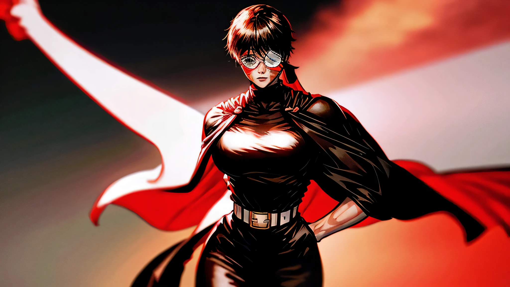 round glasses,white background,red light,one tear,green eyes,uncovered arms,She wore a sleeveless, turtleneck, black shirt underneath a large cape attached by two Jujutsu High pins on each side,The shirt tucked into a large brown belt with a gold buckle, tied around the waist of tight black pants,The glasses she paired with this outfit were circular but Maki's right eye was covered in bandages from the burns,masterpiece:1.2,ultra-detailed,realistic,physically-based rendering,professional,vivid colors,bokeh,portraits
