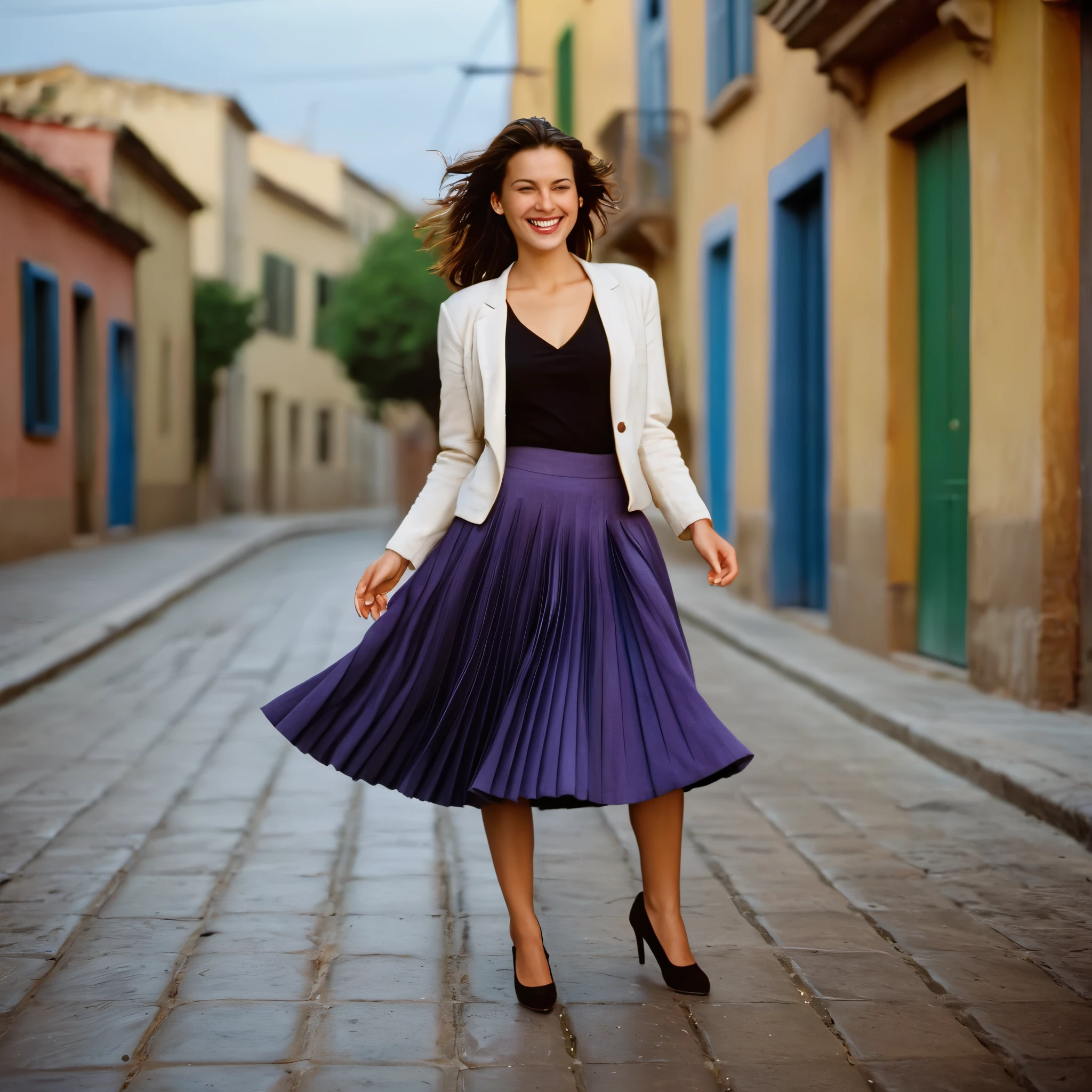A smiling, authentic, (shy:1,3), kind, beautiful woman, is passionately in love with her skirt, dancing while wind lifts her skirt, wearing short blazer and very, very detailed (long (fully pleated) full circle skirt) and (low heeled court shoes), very, very intricate hyper-detailed symmetric (attractive graceful young feminine face) with (sad, tired eyes and a loving smile), very voluptuous breasts, full of empathy and compassion and love, (pronounced (feminine) features), (highly detailed ultra accurate realistic) hands and fingers, (windy), epic composition, highly detailed attributes, (35mm f1.4 Kodak portra 400 photograph), extremely high quality RAW photograph, highly detailed atmosphere, cinematic shot, dynamic lighting, 75mm, Technicolor, Panavision, cinemascope, sharp focus, fine details, 8k, HDR, realism, realistic, key visual, film still, superb cinematic color grading, depth of field