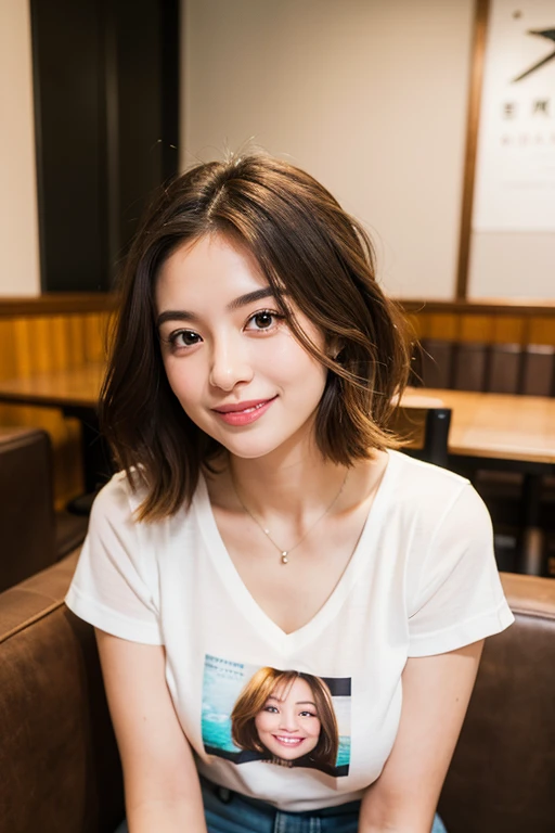 ((highest quality)), ((masterpiece)), (Familiar), Perfect Face, masterpiece、highest quality、High resolution、wallpaper、Realistic、Bright lighting、Professional Lighting、Face Light、Smooth lighting、Japanese women、20th Gen Midplate、so beautiful、Beautiful Skin、Beautiful and detailed、Familiar顔、slim、moderately、short hair、Brunette colored hair、Brown eyes、Looking at the camera、Cafe sofa、 commercial photography, Beautiful Instagram Influencer Girls, The best smile,Daytime、V-neck T-shirt
