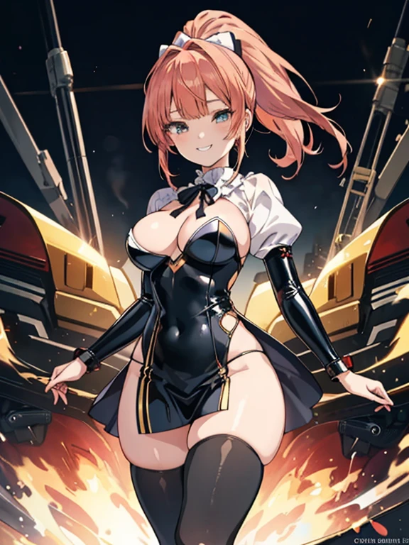 ((highest quality)), ((masterpiece)), (detailed), (Character Focus、breast focus,whole body), Anime 2D Rendering, Realistic young anime woman, Five Fingers, Perfect Face, Beautiful fine details, Beautiful body, Beautiful breasts, Beautiful thighs, big breasts、Beautiful feet, (White beautiful skin), 、One Girl, Redhead、(ponytail、Black Ribbon), (Bodycon、latex)、(Black knee-high stockings、High heels), Wicked Smile、((Grin))、She turns her face and body towards the viewer,A pretty face and a charming smile,Are standing、