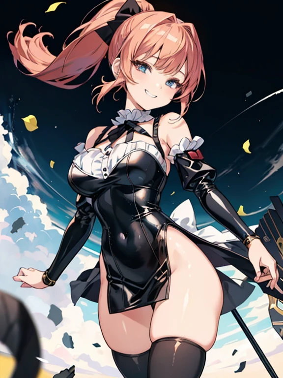 ((highest quality)), ((masterpiece)), (detailed), (Character Focus、breast focus,whole body), Anime 2D Rendering, Realistic young anime woman, Five Fingers, Perfect Face, Beautiful fine details, Beautiful body, Beautiful breasts, Beautiful thighs, big breasts、Beautiful feet, (White beautiful skin), -yeld giOne Girl, Redhead、(ponytail、Black Ribbon), (Bodycon、latex)、(Black knee-high stockings、High heels), Wicked Smile、((Grin))、She turns her face and body towards the viewer，A pretty face and a charming smile，Are standing、