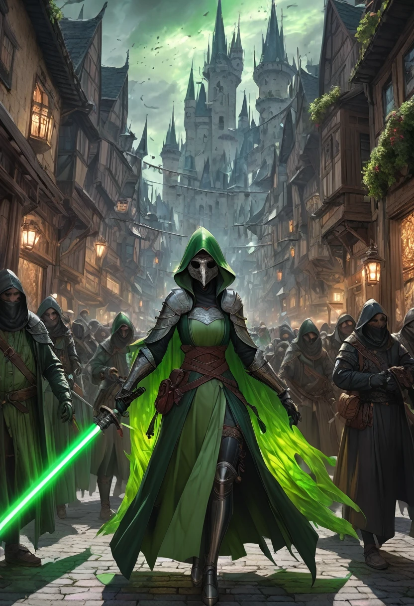 1girl, Swordsman, medieval plague doctors fighting plague infected abominations with dark green lightsabers holding them correctly like swords, green aura, Epic cinematic brilliant stunning intricate meticulously detailed dramatic atmospheric maximalist digital matte painting