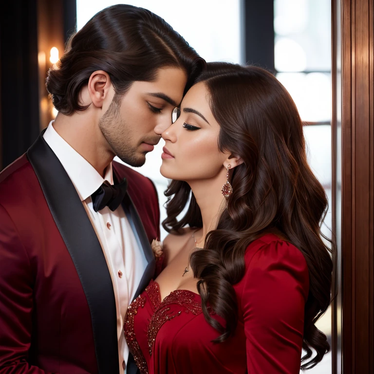 Beautiful lady in a red seductive gown, hugging a handsome billionaire in a tailored brown suit, exuding an aura of romantic passion and affluence. Her long, wavy dark hair cascades down her shoulders, framing her perfectly proportioned face with delicate features and highly detailed eyes. His suit elegantly accentuates his broad shoulders and slim waist, while their shared gaze conveys a deep, intimate connection. The background is blurred, drawing all attention to the couple, captured in the height of their fascination for one another. Photographed in a Canon EOS R5, 50mm lens, F/2.8, nffsw, 8K wallpaper,