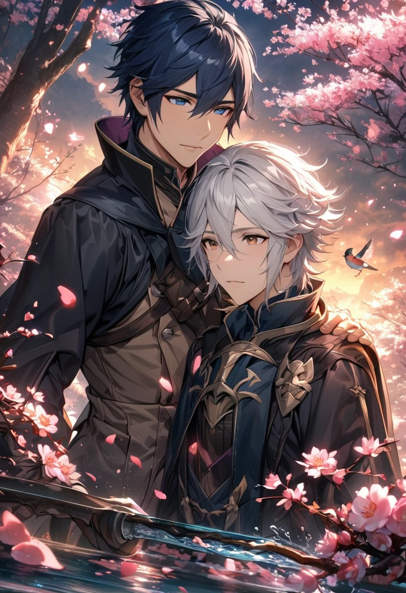 absurdres, highres, ultra detailed, HDR, master piece, best quality, Robin, white hair, hair between the eyes, expressive brown eyes, Fire Emblem Awakening, Chrom, dark blue hair, expressive blue eyes, 2men together, gay couple, handsome, blossoms, trees, pink petals, pink butterflies, water