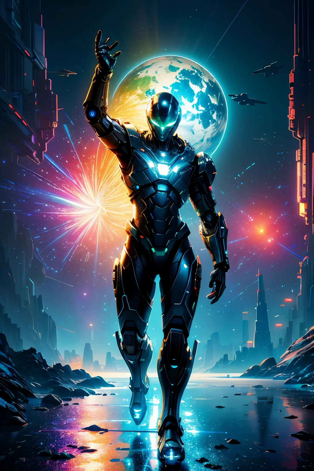 ((Science Fiction, Masterpiece, photograph realistic)), (Futuristic setting), (Advanced technology), ( Detailed robotic design), (Glowing holograms), (Vibrant neon colors), (Realistic space environment), (Explosive action sequence), (Highly-detailed spaceship), (Futuristic cityscape), (Complex machinery), (Sleek spacesuits), ( Laser beams and energy shields), (Metallic reflections), ( Detailed character expressions), (Expression of awe and wonder), (Alien species with unique features), (High quality, 3D animation), (Digital art), ((Masterpiece)), (Sci