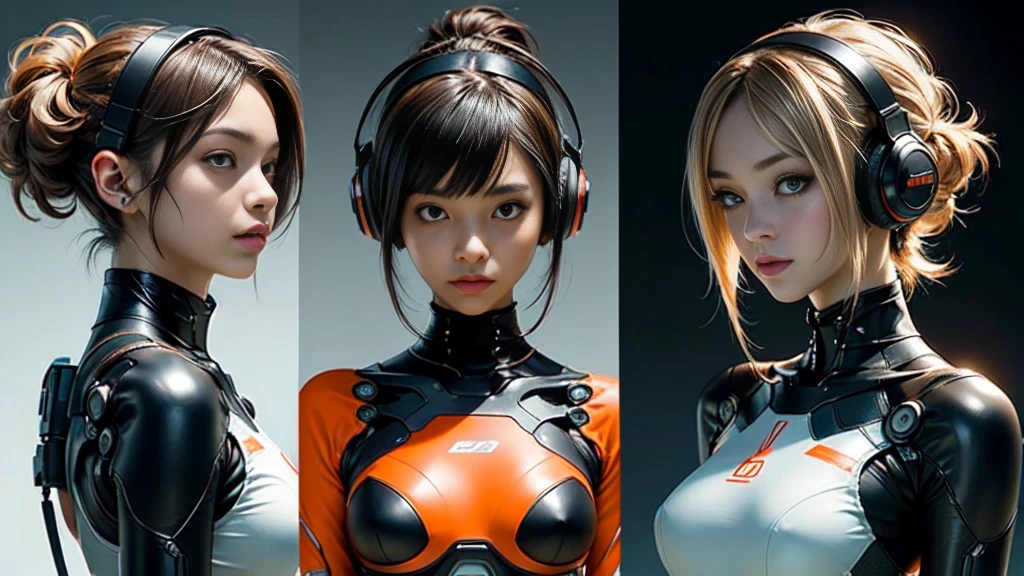 ((highest quality)), ((masterpiece)), ((Realistic)),((Cinema lighting)),angle from the front,((looking at viewer)),High Contrast, 19 year old Japanese female model,((Beautiful female android)), Medium Hair,Headphones,(Red Neon),(cyber punkの背景), ((笑face,)),((非常にdetailedな目)),Very detailed glowing eyes, ((thin)) ,Rubber bodysuit, ( White one piece swimsuit ) ((sexy )) ,Slender figure,textured pixie haircut (((detailedなキャラクターシート, Front view, ~ side面図, 3/4 Views))) (((cyber punkの背景))) Six and a half whole bodies,4K,UltraSharp,Multiple Views of the same character,Charterner v2, One girl, Slender figure, (Headphones),Brown Hair, Long Hair, Orange eyes, Same clothes, Concept Art, detailed_face, line_sketch, plan, Official Art, Official Alternative Costumes, Design style, multi style, detailed character, 4_~ side, original, 8K GC, massive detailed, Multiple Views of the same character, character, technical illustration, Multiple Views,masterpiece,highest quality(masterpiece, highest quality), 32k,(非常にdetailedな美しい女性), Future Anime,The ultimate map,highlight,Headphones,Very detailed glowing eyes,Cleavage,Complex patterns,Stylish hairstyle,fluorescence((White clothes)),cyber punk