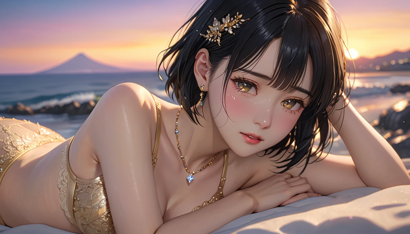 National Science Foundation,masterpiece,High resolution,8K,Art,digit,Three-dimensional,Realism,Kyoto Animation Style,your name movie style,Facing the camera,Sunset,Soft Light,Glowing skin,(1 female: 1.3),(alone: 1.4),(((Black hair))),(Gorgeous gold lace bra and briefs),Swarovski crystals on gorgeous gold lace bra,(crystal hairpin),(crystal necklace),(crystal earrings),Long eyelashes,slender legs,Short Bob,Close-up of upper body,seaside,Lying down with eyes as bright as the starry sky,(blush),(shy),(shy),(((cry))),(((shed tears))),(((feel sad)))