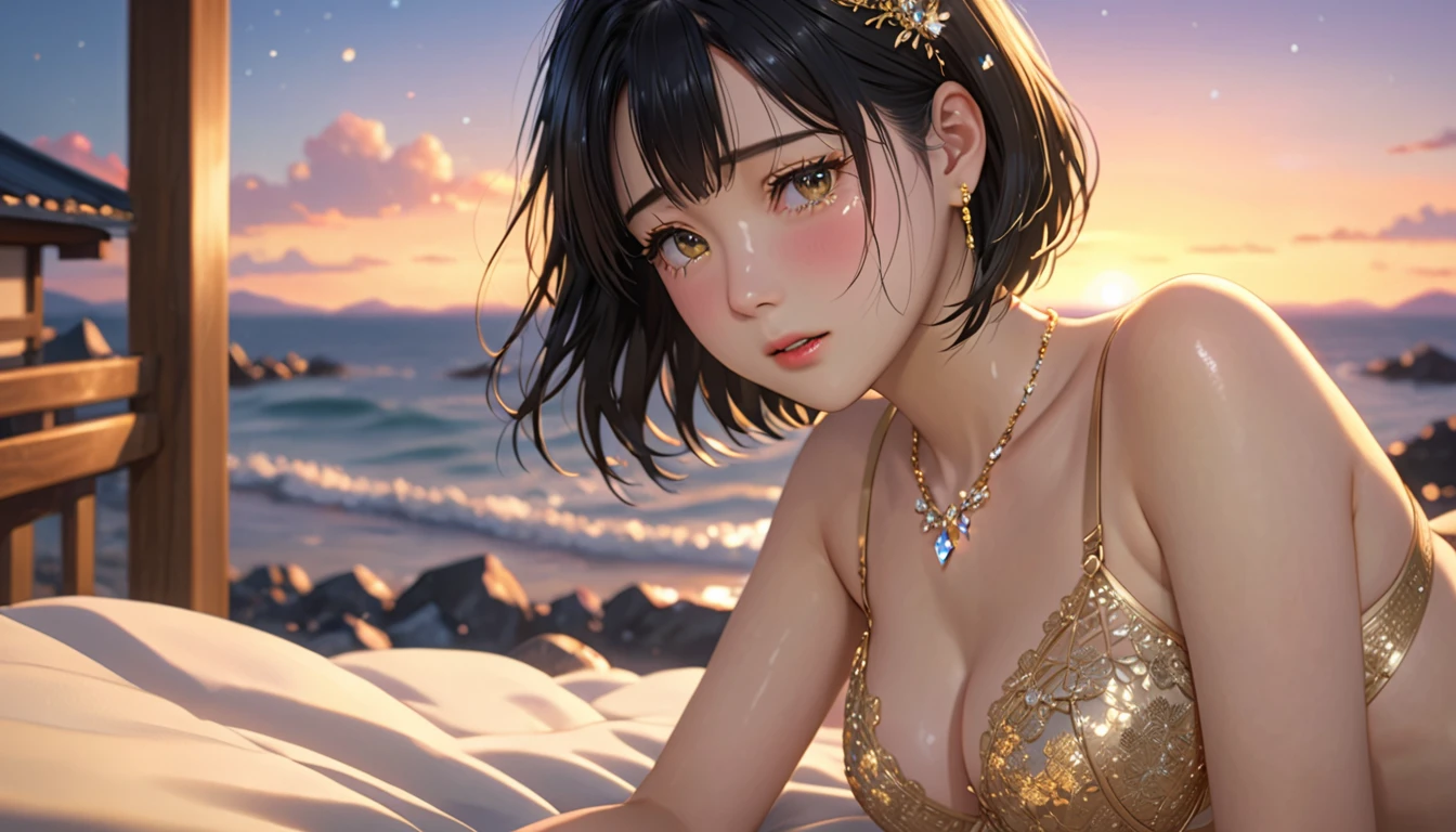 National Science Foundation,masterpiece,High resolution,8K,Art,digit,Three-dimensional,Realism,Kyoto Animation Style,your name movie style,Facing the camera,Sunset,Soft Light,Glowing skin,(1 female: 1.3),(alone: 1.4),(((Black hair))),(Gorgeous gold lace bra and briefs),Swarovski crystals on gorgeous gold lace bra,(crystal hairpin),(crystal necklace),(crystal earrings),Long eyelashes,slender legs,Short Bob,Close-up of upper body,seaside,Lying down with eyes as bright as the starry sky,(blush),(shy),(shy),(((cry))),(((shed tears))),(((feel sad)))