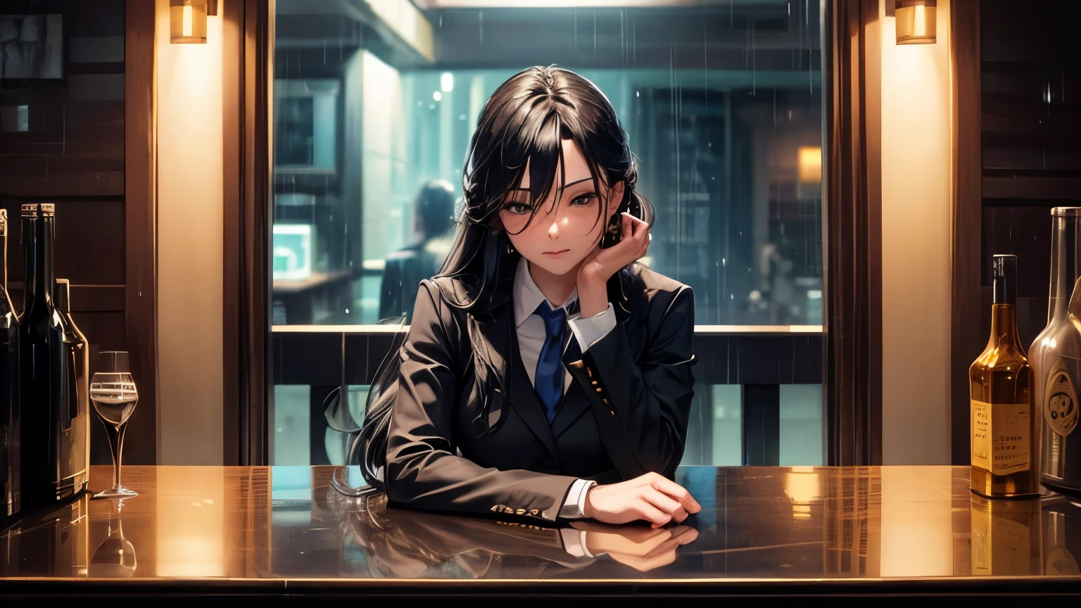 Woman with long hair OL In a suit Drinking at the bar counter Beauty Detailed facial expression depiction Detailed clothing depiction Detailed landscape depiction Outside the window it's midnight Rain outside the window