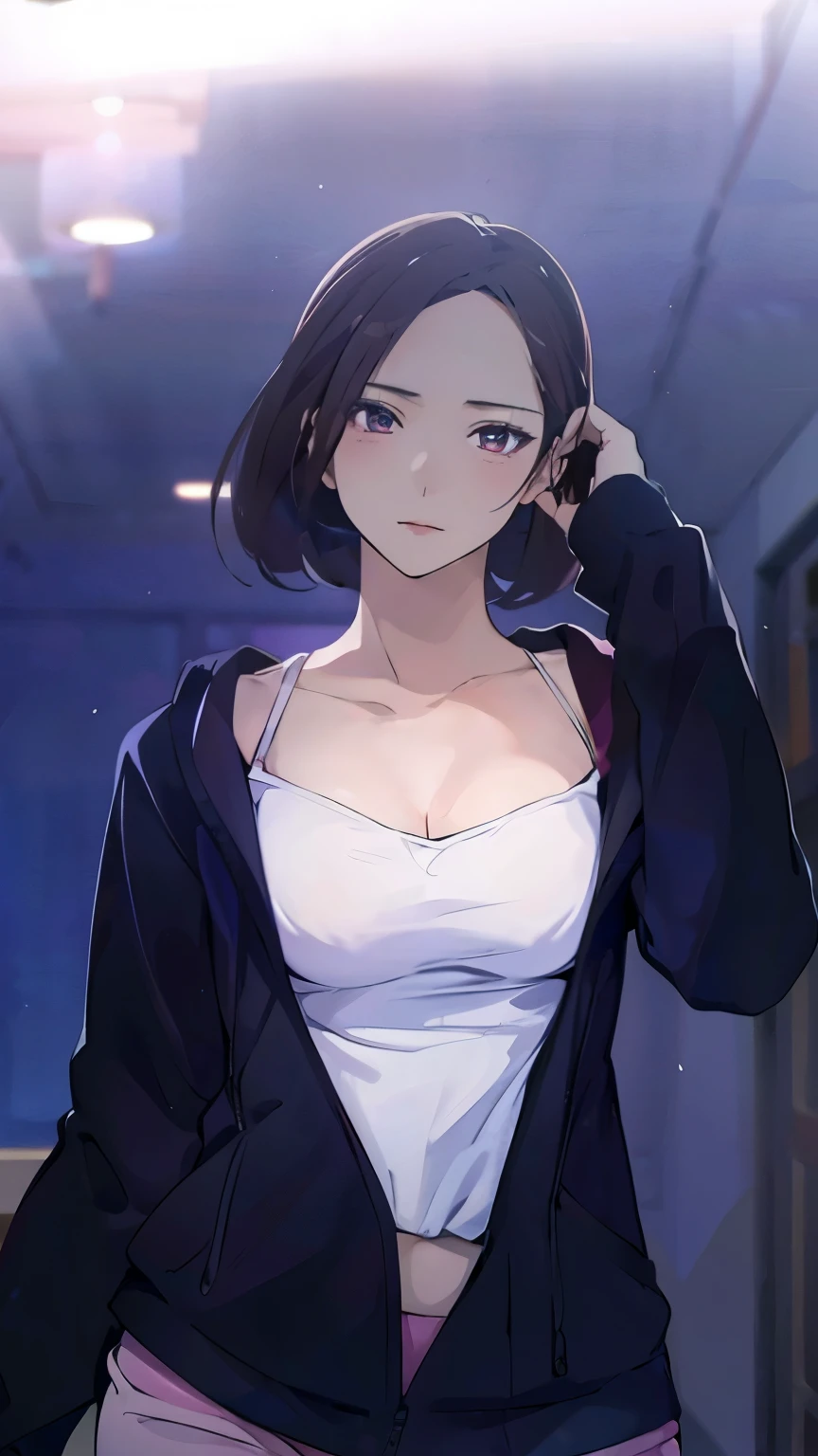 a woman in a black jacket and pink pants standing in a room, seductive anime girl, attractive anime girl, smooth anime cg art, touching her clothes, revealing clothes, casual pose, beautiful alluring anime woman, 🤤 girl portrait, from girls frontline, made with anime painter studio, female anime character, painted in anime painter studio, in an anime style