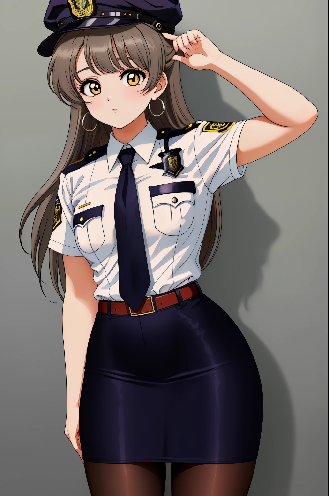 Masterpiece, best quality, looking at viewer ,(detailed face), minami kotori, curvy body ,white shirt,half sleeves,earrings, pencil skirt, necktie , standing, crossed arms,police cap,in police station, cowboy shot, thighs, wide hips , solo ,belt, pantyhose , skin tight  