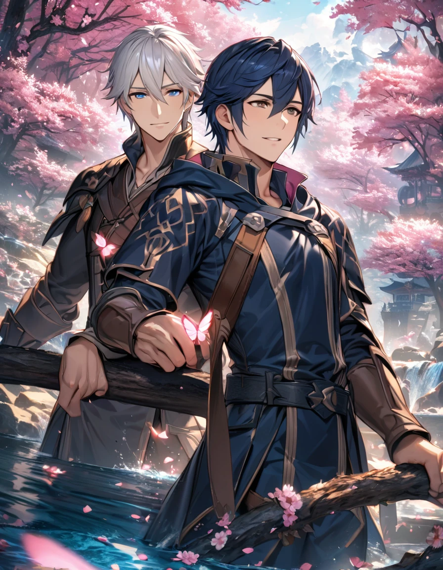 absurdres, highres, ultra detailed, HDR, master piece, best quality, Robin, white hair, hair between the eyes, expressive brown eyes, Fire Emblem Awakening, Chrom, dark blue hair, expressive blue eyes, 2men together, gay couple, handsome, blossoms, trees, pink petals, pink butterflies, water