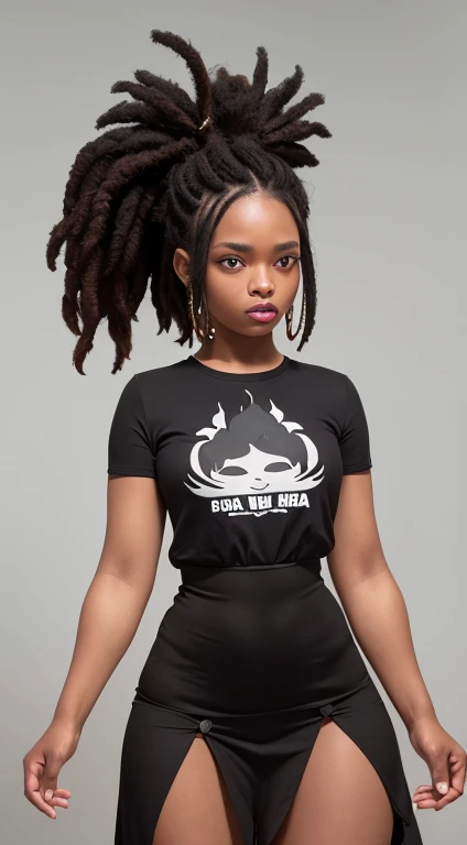 roupa sensual centralizada, isometric, uma jovem, negroid, pele escura, com dreads para cabelo, she's a model, She's wearing a trendy dress, ela tem 20 anos, Her hair is on fogo, her hair is shaking in flames, assim como lina no dota 2, fogo, her hair is pure fogo, she is black, has pele escura, confiante, comandando, Robotic Landscape, 4K, High definition, ultrarealistic, Realismo