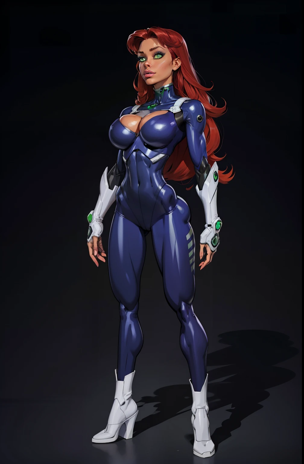 full body, standing on her feet, futuristic background, sexy appearance, starfire, red hair, ((orange skin)), large breasts,breasts together, cleavage, makeup, (purple suit), mascara, long hair, beautiful eyes, large iris, ((green eyes)), Lips are soft or colored, simple black background, simple color palettes, clean, Crisp drawings, fluid silhouettes,purple vintage futuristic clothing, retro futurism, retrofuturism, Asymmetric, geometric, purple and silver clothes, Different designs, simple silhouettes, Technology style, future, high fashion, Simplicity and sophistication, sexy, slim, short purple outfit, sexy, Erotic, cleavage, youthful appearance, sweaty, in a robot, Evangelion purple