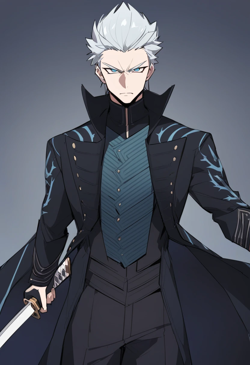 solo, male focus, 1boy, dmc5vergil, serious, looking at viewer, holding sword, holding katana, v-shaped eyebrows, black coat, fingerless gloves, pants 