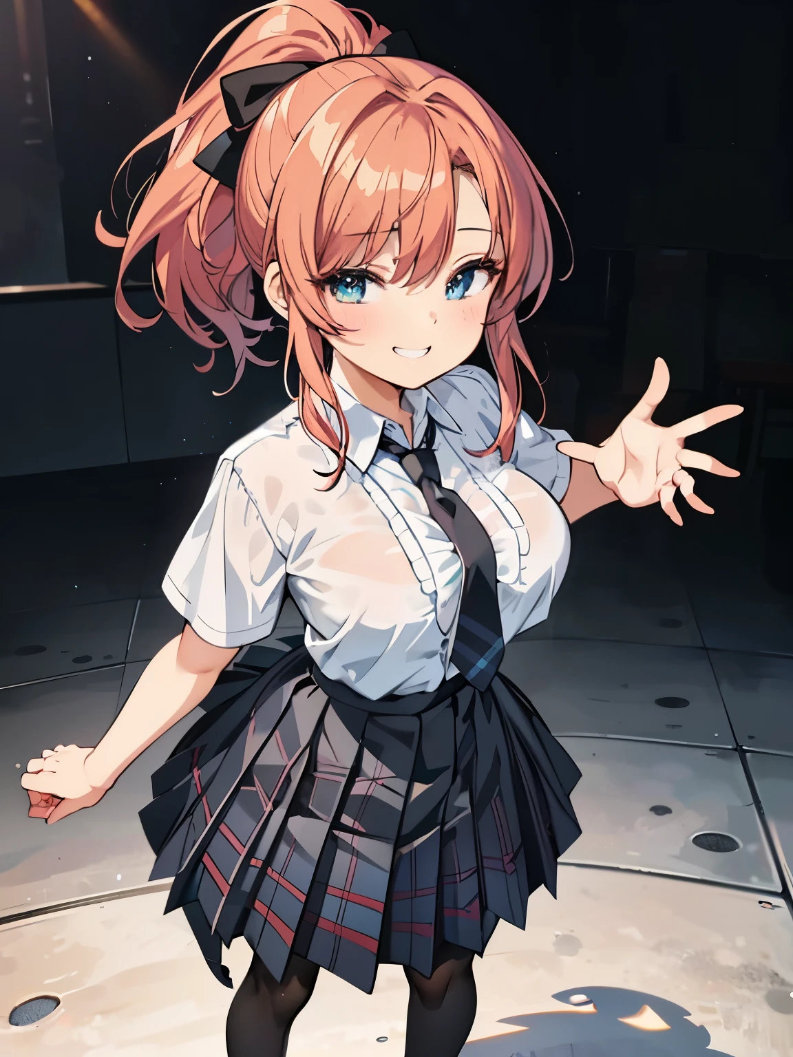 ((highest quality)), ((masterpiece)), (detailed), (Character Focus、breast focus,whole body), Anime 2D Rendering, Realistic young anime woman, Five Fingers, Perfect Face, Beautiful fine details, Beautiful body, Beautiful breasts, Beautiful thighs, big breasts、Beautiful feet, (White beautiful skin), 16-year-old girl、One Girl, Redhead、(ponytail、Black Ribbon), (Black Bra、Black Pants)、((Collared short-sleeved shirt, White shirt, Blue plaid pleated skirt, Blue tie))、(Black Pantyhose、loafers), Wicked Smile、((Grin))、classroom、She turns her face and body towards the viewer，A pretty face and a charming smile，Are standing、