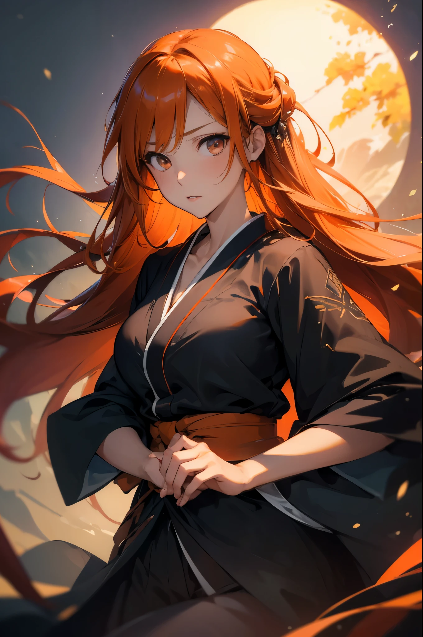 (masterpiece, best quality:1.2), expressive eyes, perfect face, highres, 1girl, solo, (female:1.5), kurosaki ichigo, long orange hair, brown eyes, japanese clothes, black kimono, standing, upper body, looking at viewer,