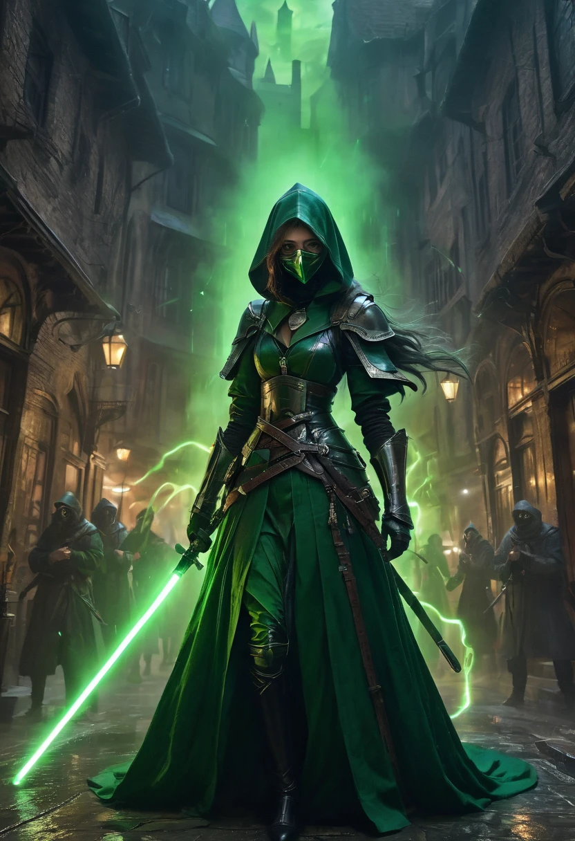 1girl, Swordsman, medieval plague doctors fighting plague infected abominations with dark green lightsabers holding them correctly like swords, green aura, Epic cinematic brilliant stunning intricate meticulously detailed dramatic atmospheric maximalist digital matte painting