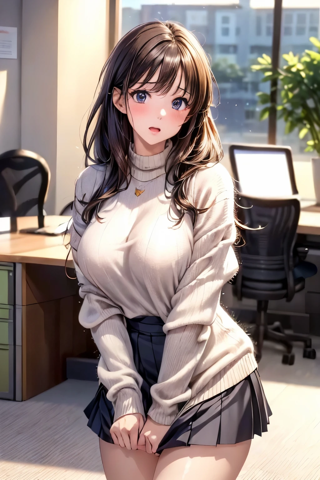 highest quality、complete limbs、Beautiful woman、solo、((brown haired woman:1.4))、((A woman with a tied hairstyle))、big breasted woman、company employee、(((A woman wearing a black knit long-sleeved top:1.3)))、(((A woman wearing black chino pants)))、smile、((office))、computer、officeデスク、((officeチェアに座る女性))、女性がcomputerを操作している