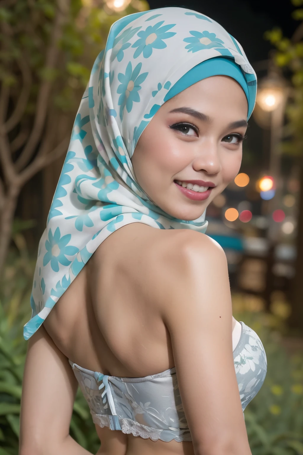 HEAVY BUTT, ((Open mouth Happy Smile)), ((Lace)), (Happy smile), (((HIJAB MALAY GIRL))), masutepiece, High quality, UHD 32K, Realistic face, Realistic skin feeling , A Japanese Lady, 58 years old matured lady, , Very cute and baby-like face, (((FLAT CHEST))), (Night time at forest), ((look In front at the camera and SADNESS)), (((SILVER FLUORESCENT))), (((CUTE GIRL))), ((SILVER FLUORESCENT LIPS)), ((Floral Pattern)) little wearing green fluorescence strapless bra, strapless colorful bra, dark night background , black forest night, horror scary place, (from behind up) seductive pose, GREEN FLUORESCENT