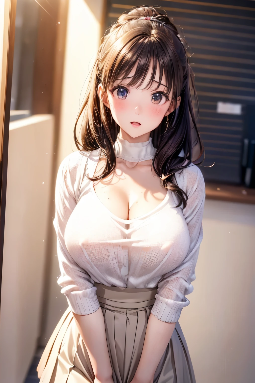 (masterpiece, highest quality, High resolution, 超High resolution, Perfect Pixel, Depth of written boundary, 4K, RTTX 10.0, High resolution))), (One woman:1.3), Beautiful Anime Women, Beautiful art style, Anime characters, ((Detailed face:1.2)), ((Smooth texture:0.75, Realistic texture:0.5, Anime CG Style)), (Maximum resolution: 1.2), Cinema Lighting, ((highest quality)), ((masterpiece)), (High resolution), 8K, Best Shadow, The best natural light, Cinematic, 1 Female,brown hair, ,,Beautiful breasts,sweater,Pleated skirt,Stylish,,(Look forward)(((Blushing、Surprised expression)), (pussy juice:1.3), (office:1.3)
