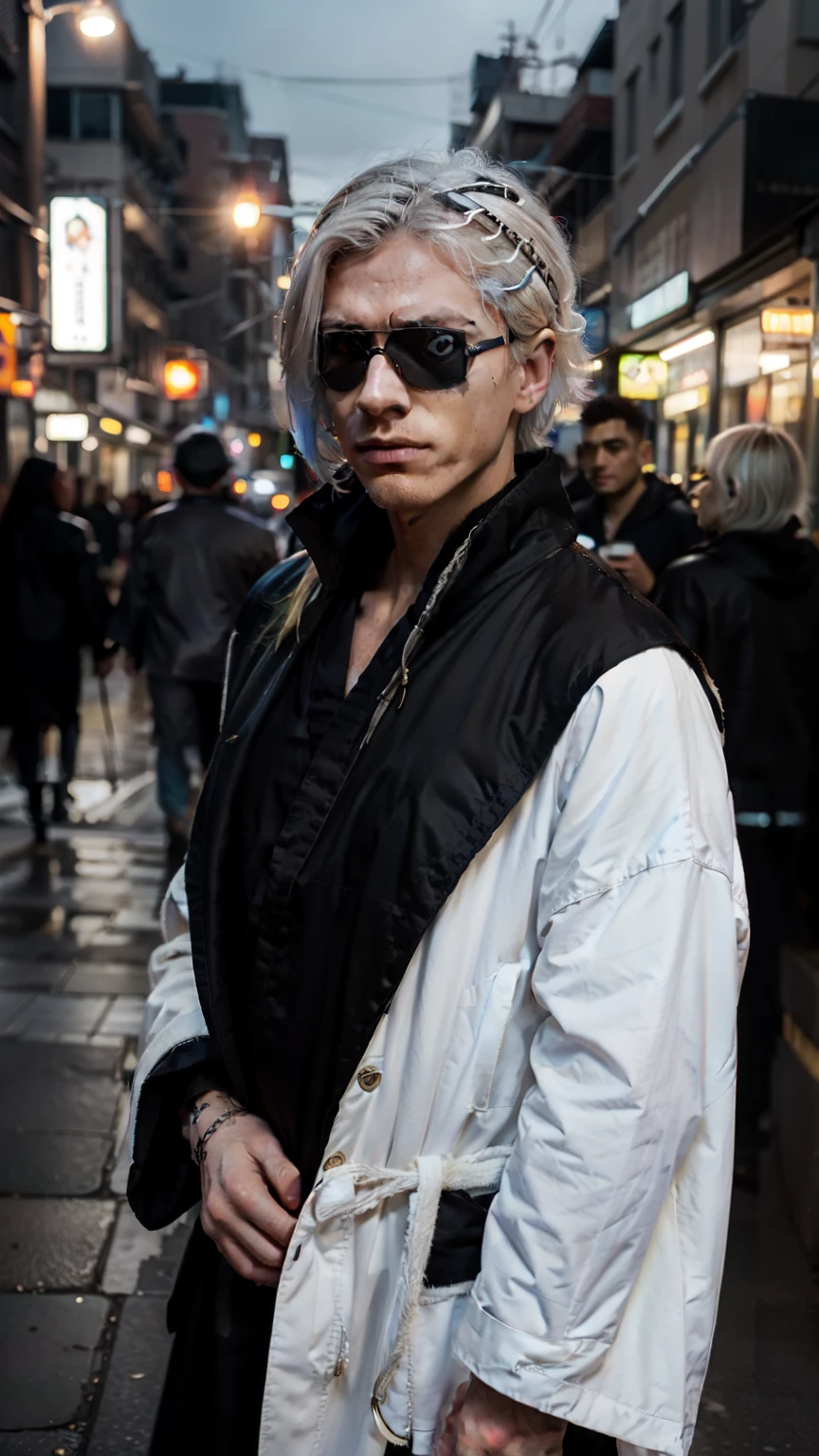 there is a man with white hair and a white jacket, 2 b, 2b, xqc, he wears an eyepatch, ((wearing aristocrat robe)), in game, cyberpunk street goon, smooth in _ the background, captured on canon eos r 6, bladee from drain gang, fined detail, high detail iconic character