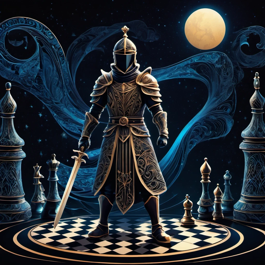 (best quality, highres, ultra sharp), magical chess Swordsman Standing , about the curvature of space time, in a dark night, art deco, zentangle, 3d crunch, cinematic