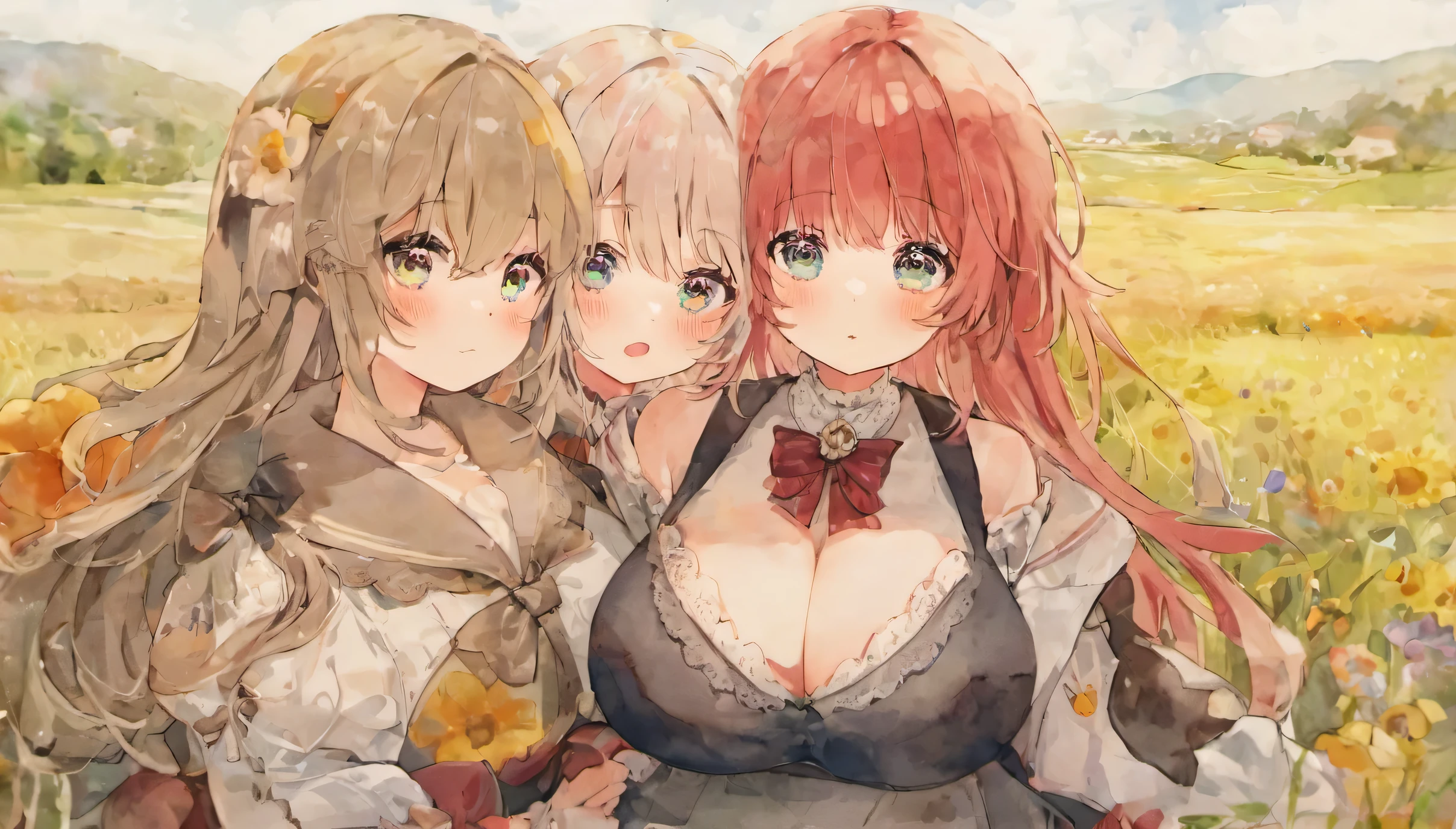 master piece, best quality, Cute Girls, wide shot, Complex background, Big breasted, Blushed, looking away, Deep depth of field, watercolor