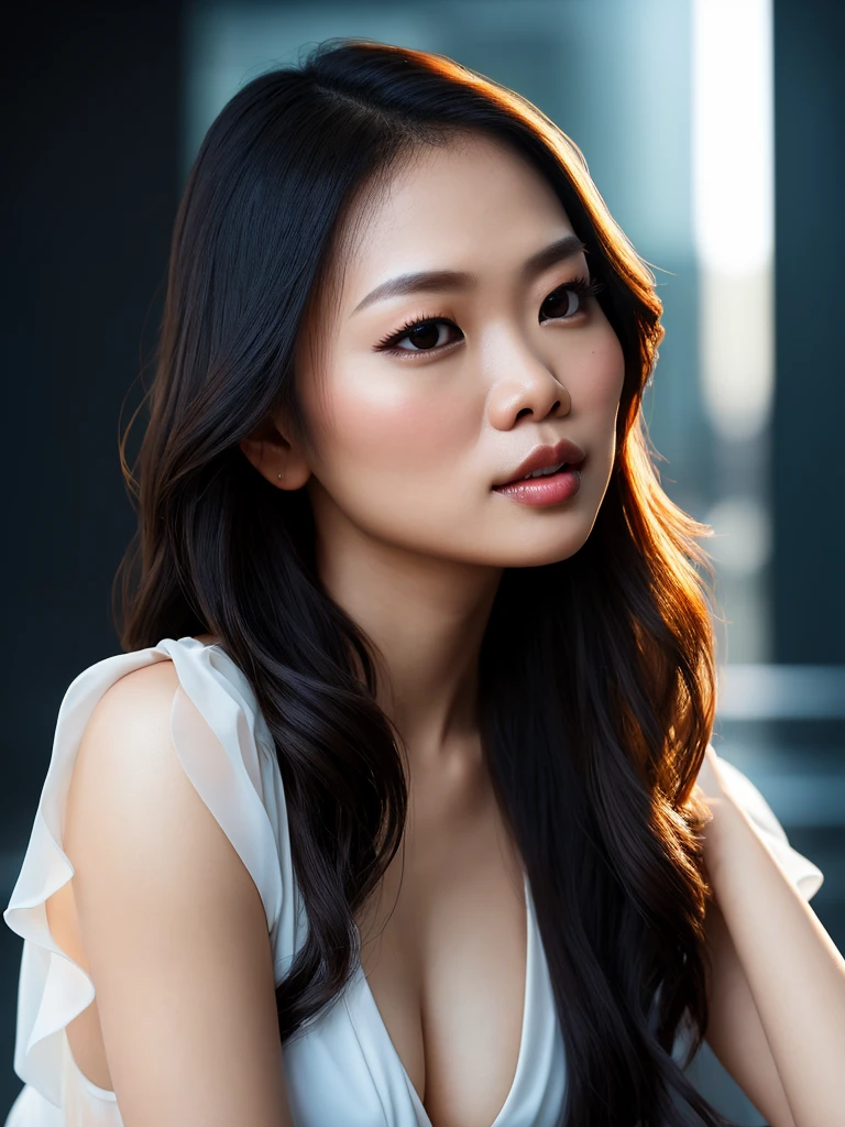 upper waist pose of a 25-year-old malay girl, RAW, beautiful woman, semi-open strawberry lips, dimples, wistful look, (extra long hair), ((detailed face)), ((detailed facial features)), (finely detailed skin), pale skin, (short detailed sexy blouse), cyberpunk environment, (cool colors), plump body , damp, reflections, (masterpiece) (perfect proportion)(realistic photo)(best quality) (detailed) (8k) (wallpaper) (cinematic lighting) (dramatic lighting) (sharp focus) (intricate), layered hair, cleavage