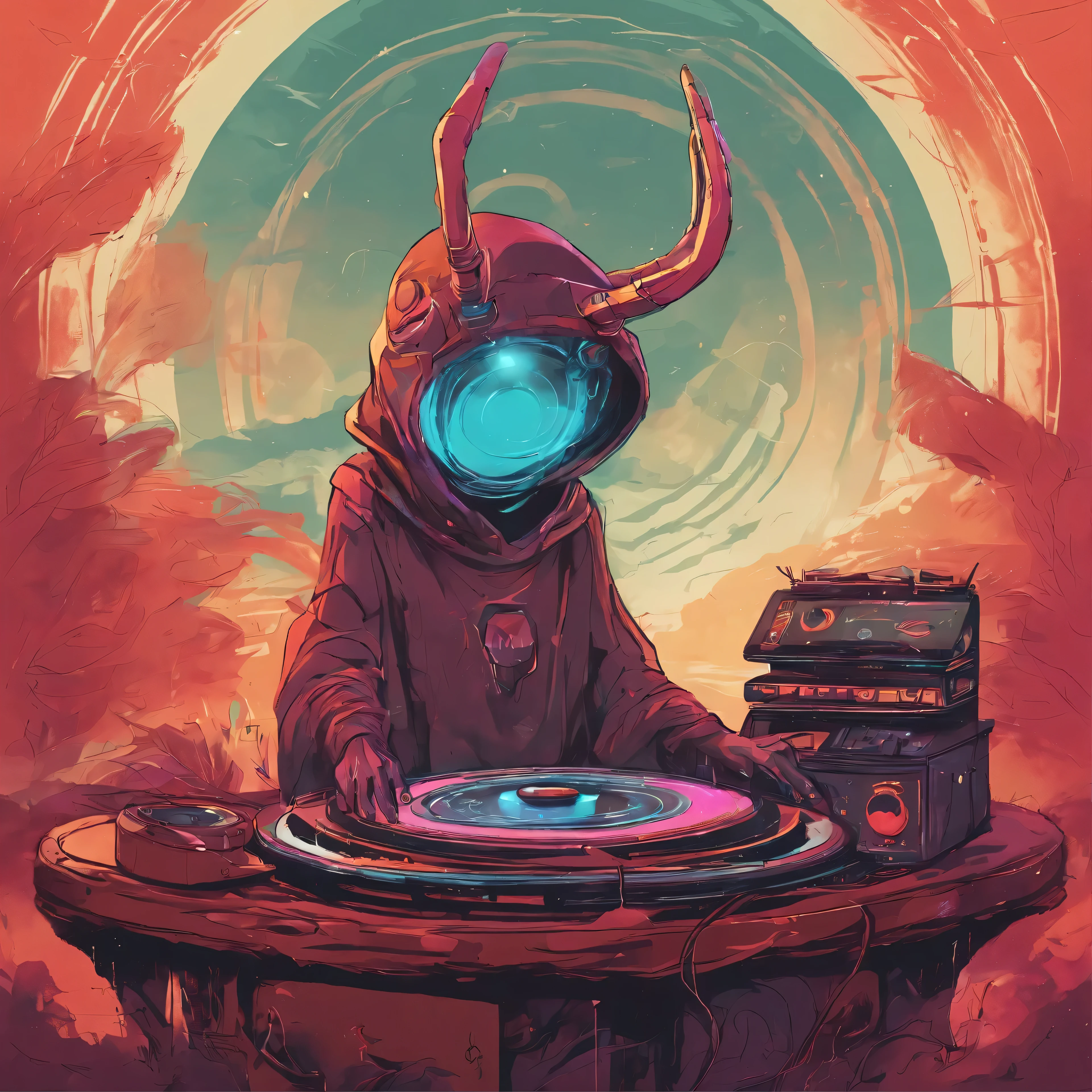 High quality, logo style, powerful ,  alien dj playing turntables face . With grunge elements. Raw, distressed textures, ink splatters, and a moody palette of deep reds, charcoals, and grays should be featured. rendered in the style of Studio Ghibli with vibrant neon colors.