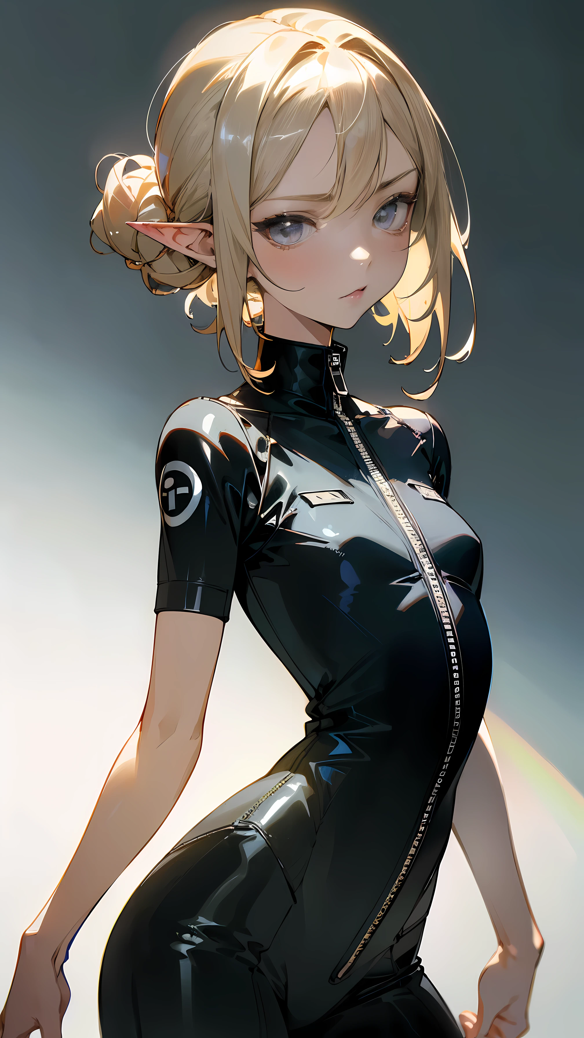 (masterpiece, highest quality:1.3),beautiful detailed glow,Best lighting,(((highest quality,Fabric Shading,ultra detailed))),extremely detailed CG unity 8k wallpaper,非常にdetailedで美しく、beautiful,The best light,High resolution,detailed,Dynamic Lighting , 1 character , Faded pastel colors , Cel shade , soft, Calm colors ,Gentle colors ,Sword Art Online Art Style She Fit, Sophisticated one-piece jumpsuit, Deep black with subtle sheen, The jumpsuit features a high neck and a zipper that stretches from the neck to the waist.。, The jumpsuit has short sleeves、White Nike logo on both arms。, Jumpsuit stretches for a slim fit, Full-length pants with a tapered design, The pants have white stripes on both sides.,
Mature Woman , White skin , Silver Eyes , Blonde , Elf Ears , , Upstyle Hair , Small, mature eyes , 26 years old