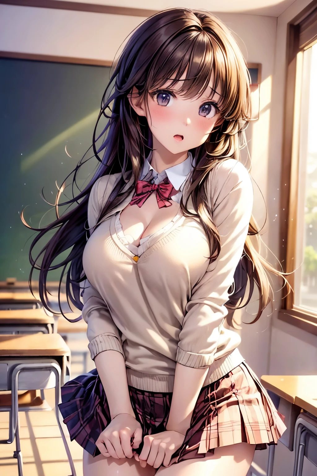 (masterpiece, highest quality, High resolution, 超High resolution, Perfect Pixel, Depth of written boundary, 4K, RTTX 10.0, High resolution))), (One woman:1.3), Beautiful Anime Women, Beautiful art style, Anime characters, ((Detailed face:1.2)), ((Smooth texture:0.75, Realistic texture:0.5, Anime CG Style)), (Maximum resolution: 1.2), Cinema Lighting, ((highest quality)), ((masterpiece)), (High resolution), 8K, Best Shadow, The best natural light, Cinematic, 1 Female,brown hair, ,,Beautiful breasts,sweater,Pleated skirt,Stylish,,(Look forward)(((Blushing、Surprised expression)), (pussy juice:1.1), (School classroom:1.3)