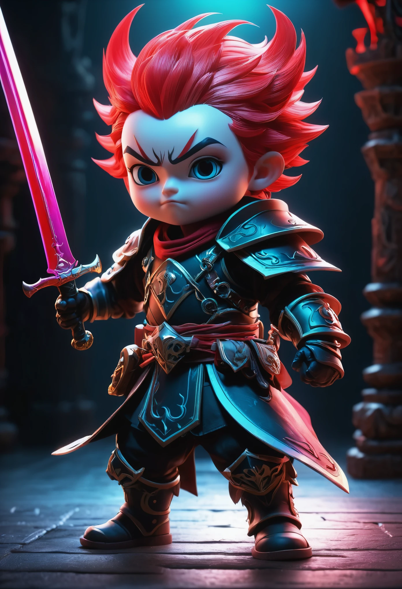 Ghost Swordsman,Dream colors,Best quality,UHD,HDR,high resolution,unreal engine 5,ultra-detailed,hyper realistic,depth of field,symmetrical composition,full body,low saturation,3D rendering,red and black tone,Skottie Young,Blacklight,Ice kingdom