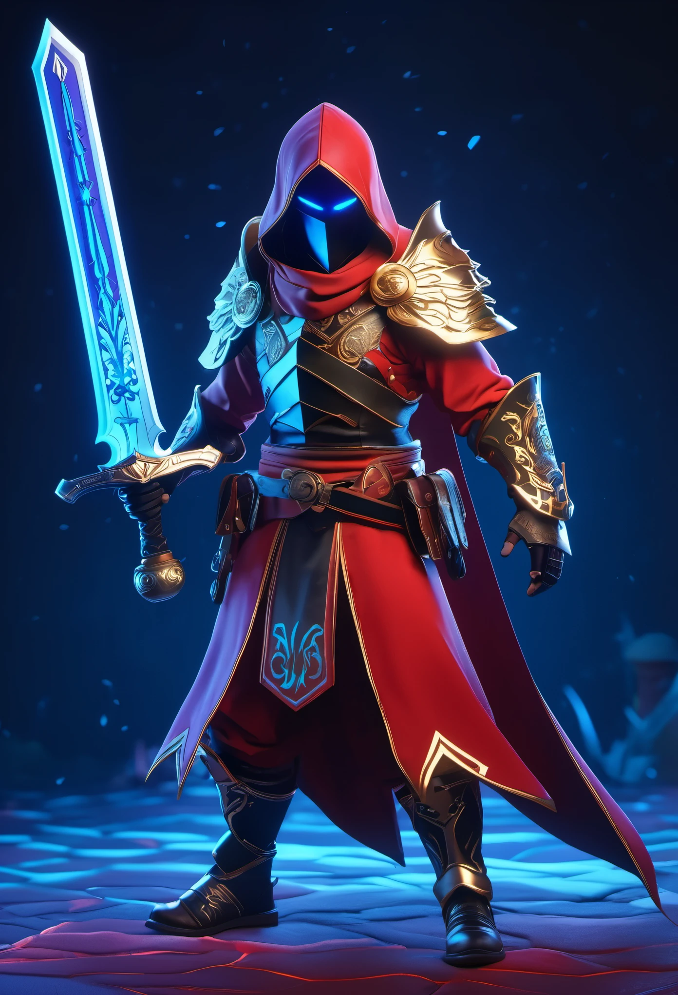 Ghost Swordsman,Dream colors,Best quality,UHD,HDR,high resolution,unreal engine 5,ultra-detailed,hyper realistic,depth of field,symmetrical composition,full body,low saturation,3D rendering,red and black tone,Skottie Young,Blacklight,Ice kingdom