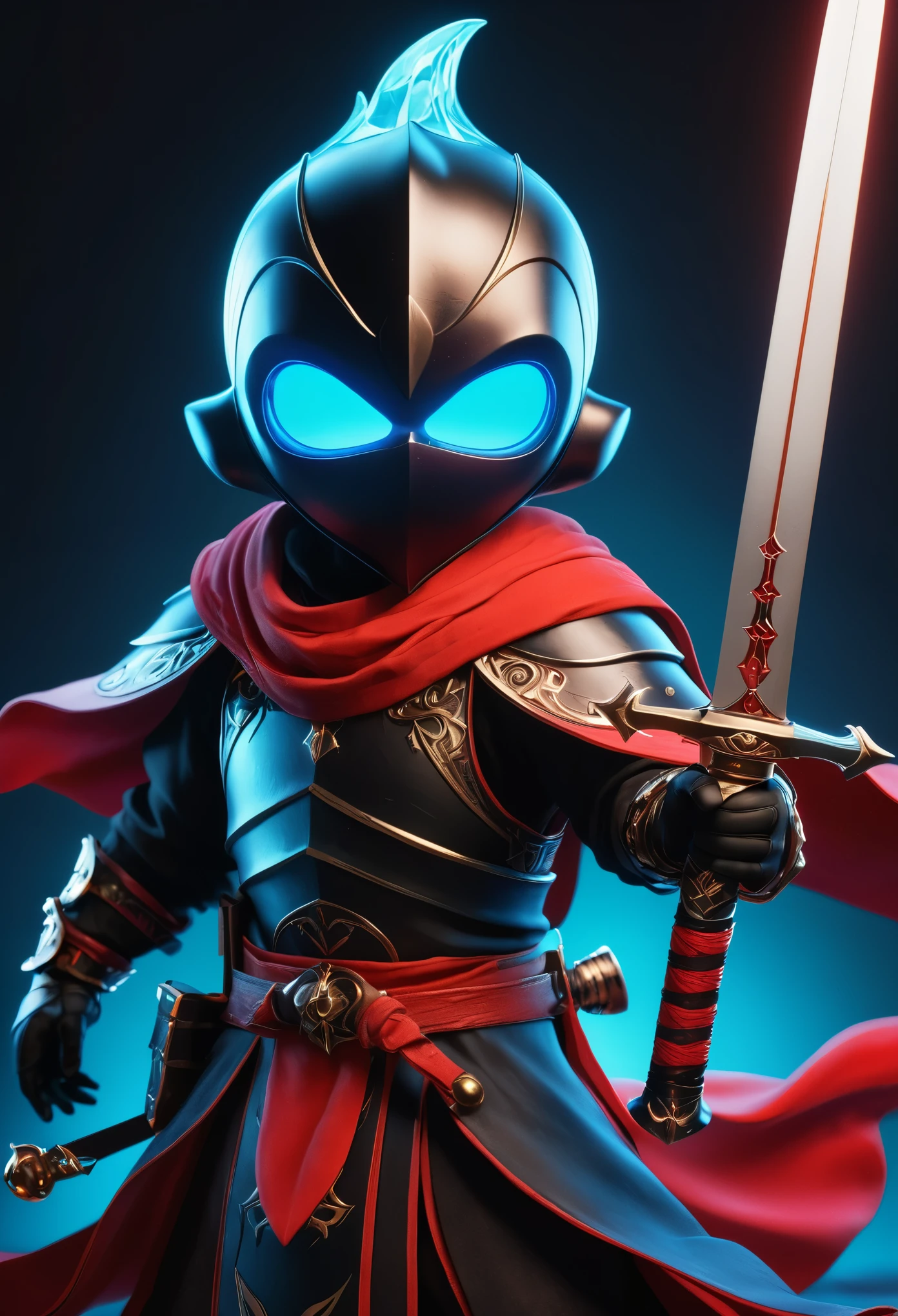 Ghost Swordsman,Dream colors,Best quality,UHD,HDR,high resolution,unreal engine 5,ultra-detailed,hyper realistic,depth of field,symmetrical composition,full body,low saturation,3D rendering,red and black tone,Skottie Young,Blacklight,Ice kingdom