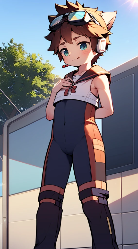 2D Boy Shota，One-piece mountaineering suit，Slim, healthy body，Put the headphones on your head，stand up，goggles，Cat ear，happy，Sailor collar，Lovely，Love，Short sleeve