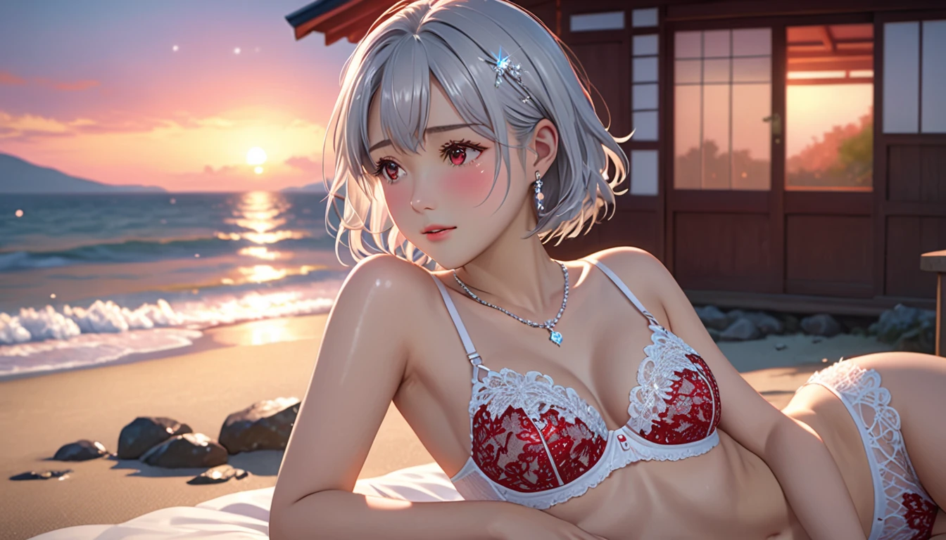 National Science Foundation,masterpiece,High resolution,8K,Art,digit,Three-dimensional,Realism,Kyoto Animation Style,your name movie style,Facing the camera,Sunset,Soft Light,Glowing skin,(1 female: 1.3),(alone: 1.4),(((Silver hair))),(Gorgeous,Sparkling red lace bra and briefs),Swarovski crystals on gorgeous lace bra,(crystal hairpin),(crystal necklace),(crystal earrings),Long eyelashes,slender legs,Short Bob,Close-up of upper body,seaside,Lying down,Starry eyes,(blush),(shy),(shy),(((cry))),(((shed tears))),(((feel sad)))