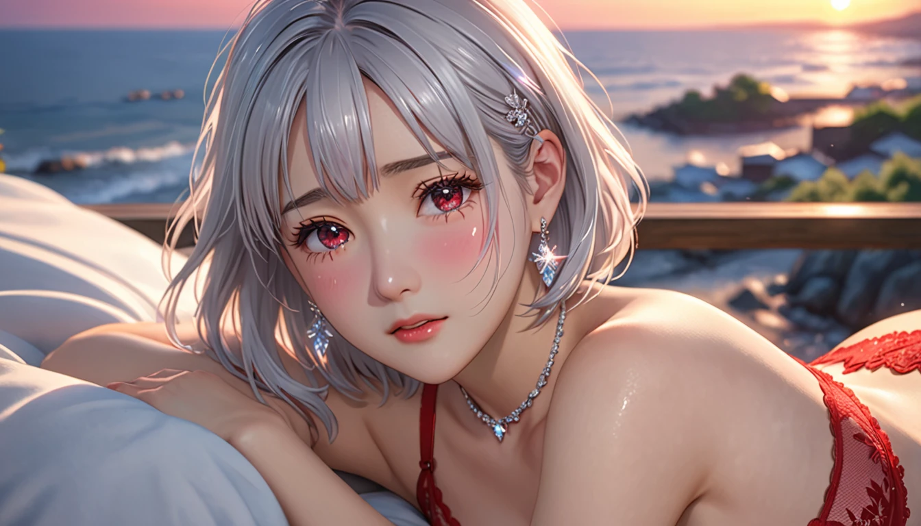 National Science Foundation,masterpiece,High resolution,8K,Art,digit,Three-dimensional,Realism,Kyoto Animation Style,your name movie style,Facing the camera,Sunset,Soft Light,Glowing skin,(1 female: 1.3),(alone: 1.4),(((Silver hair))),(Gorgeous,Sparkling red lace bra and briefs),Swarovski crystals on gorgeous lace bra,(crystal hairpin),(crystal necklace),(crystal earrings),Long eyelashes,slender legs,Short Bob,Close-up of upper body,seaside,Lying down,Starry eyes,(blush),(shy),(shy),(((cry))),(((shed tears))),(((feel sad)))