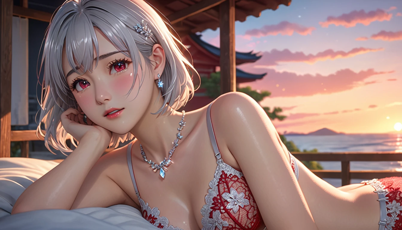 National Science Foundation,masterpiece,High resolution,8K,Art,digit,Three-dimensional,Realism,Kyoto Animation Style,your name movie style,Facing the camera,Sunset,Soft Light,Glowing skin,(1 female: 1.3),(alone: 1.4),(((Silver hair))),(Gorgeous,Sparkling red lace bra and briefs),Swarovski crystals on gorgeous lace bra,(crystal hairpin),(crystal necklace),(crystal earrings),Long eyelashes,slender legs,Short Bob,Close-up of upper body,seaside,Lying down,Starry eyes,(blush),(shy),(shy),(((cry))),(((shed tears))),(((feel sad)))