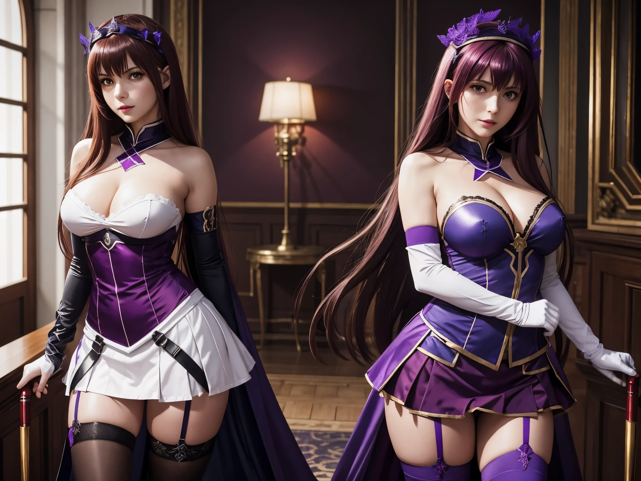 Photorealistic, 2 girls: [Scathach and Saber from FGO, Fate Grand Order, both girls wearing maid cosplay (Scathach wears purple, Saber wears blue or red), stockings and tights, garter belt, short skirt, high heels, long gloves, long hair, vivid lipstick], photo from head to toes, full body shot, seductive pose, inside the palace bedroom