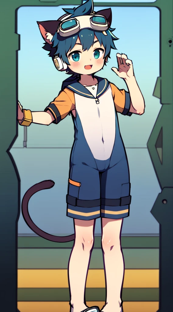 2D Boy Shota，One-piece mountaineering suit，Slim, healthy body，Put the headphones on your head，stand up，goggles，Cat ear，happy，Sailor collar，Lovely，Love，Short sleeve