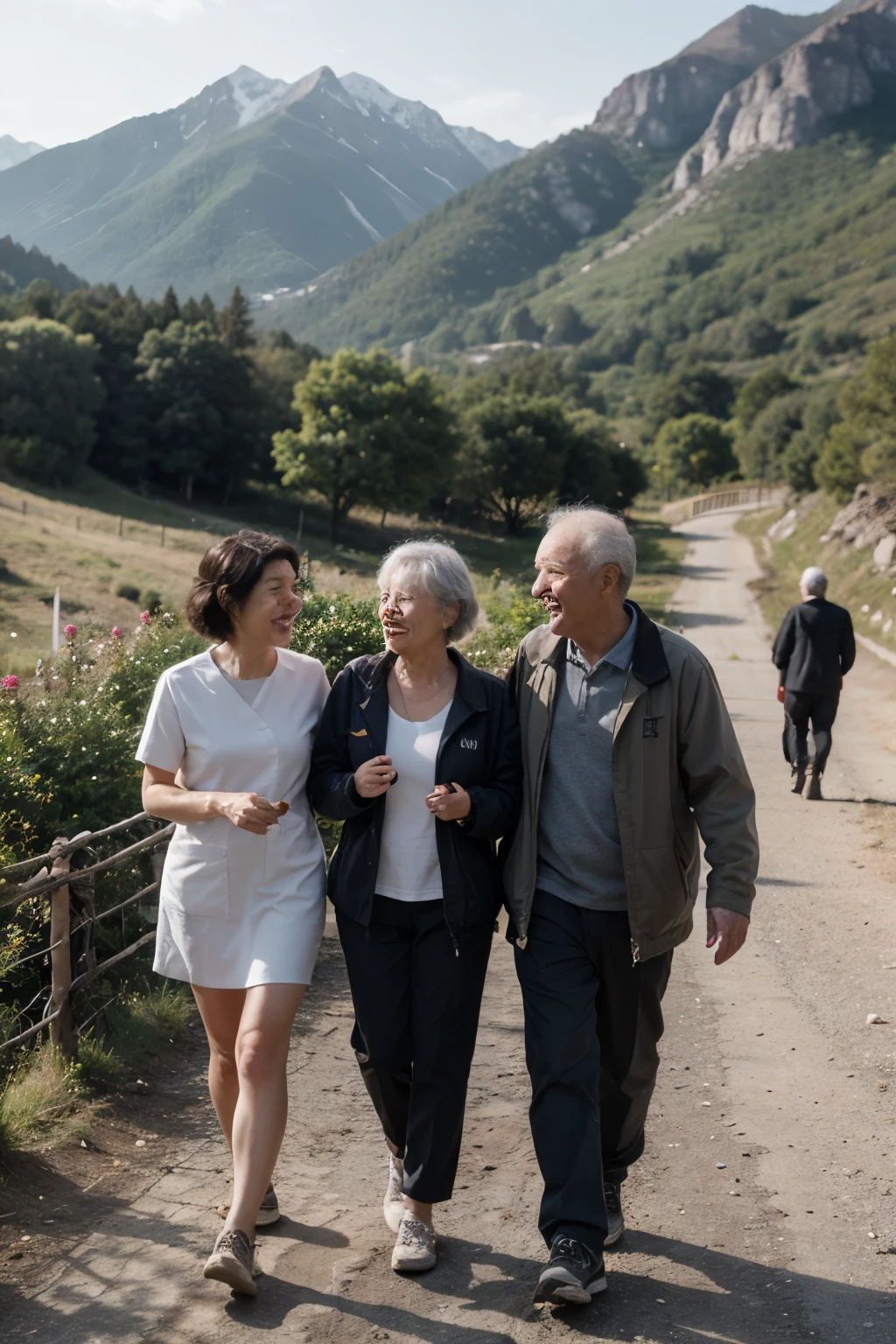 cartoon style,A group of healthy old people chatting happily in the mountains、walk,There is a family at the foot of the mountain、nurse。