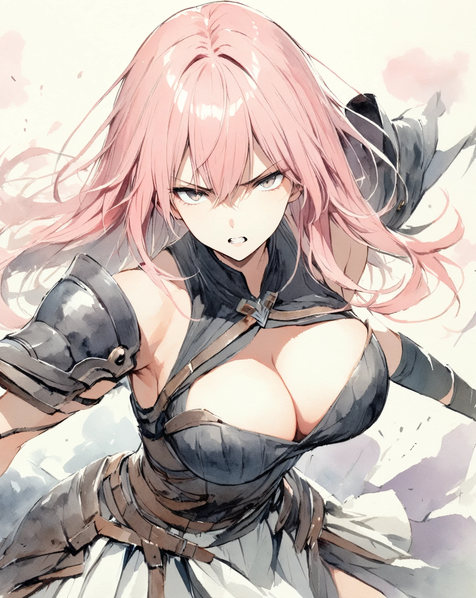 masterpiece, Best quality, watercolor (medium), 1girl, breast, Solitary, Short shoulder-length hair, Cleavage, Black picks dye pink hair, Delicate gray eyes, Bangs, jewelry, skirt, Bare shoulders, sleeveless, Hair between the eyes, 单Scapula, looking at the audience, Fighting Stance, large breast, armor, shoulder armor, sleeveless skirt, Upper Body, single sleeve, white skirt, Scapula, Gnashing of teeth