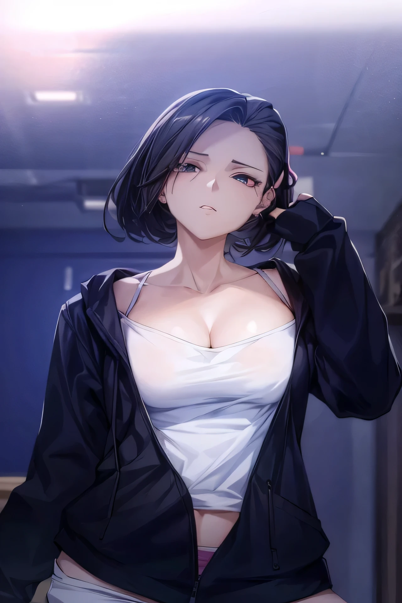 a woman in a black jacket and pink pants standing in a room, seductive anime girl, attractive anime girl, smooth anime cg art, touching her clothes, revealing clothes, casual pose, beautiful alluring anime woman, 🤤 girl portrait, from girls frontline, made with anime painter studio, female anime character, painted in anime painter studio, in an anime style