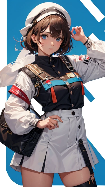 (Obra maestra, mejor calidad, Ultra high resolution),1 chica, dark brown skin, blue eyes, pelo rubio, pechos grandes, muslos gruesos, dos colas, Uniforme de chica de secundaria japonesa, Cara hermosa y detallada., ojos detallados, Nariz detallada, antecedentes escolares (( brown and white theme ))